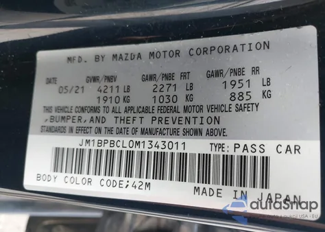 2021 Mazda Mazda3 Preferred из США, поврежденный, VIN JM1BPBCL0M1343011